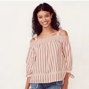 Red White Striped Cold Shoulder Top S